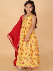 Girls Yellow And Maroon Anarkali And Dupatta Set