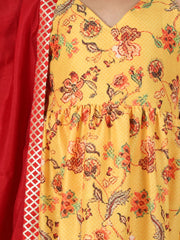 Girls Yellow And Maroon Anarkali And Dupatta Set