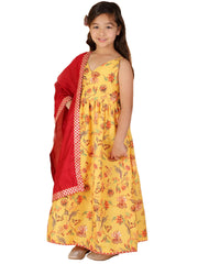 Girls Yellow And Maroon Anarkali And Dupatta Set