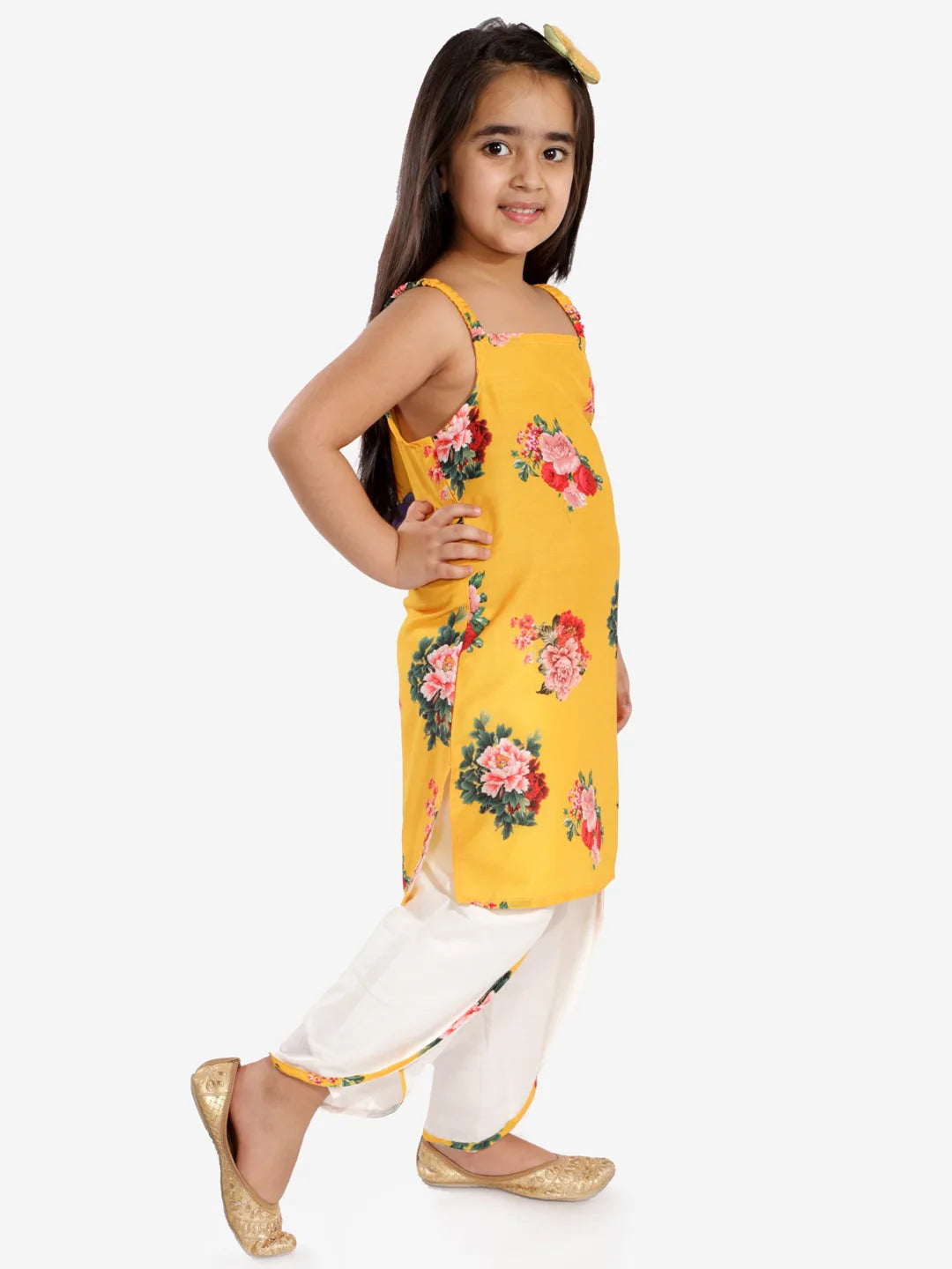 Girls Floral Printed Cotton Silk Kurta And Tulip Pants