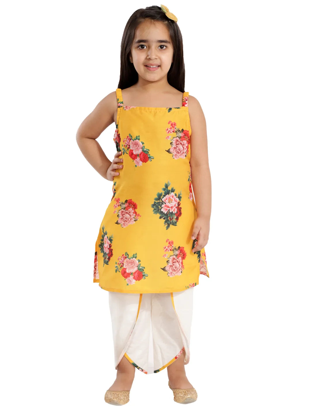 Girls Floral Printed Cotton Silk Kurta And Tulip Pants