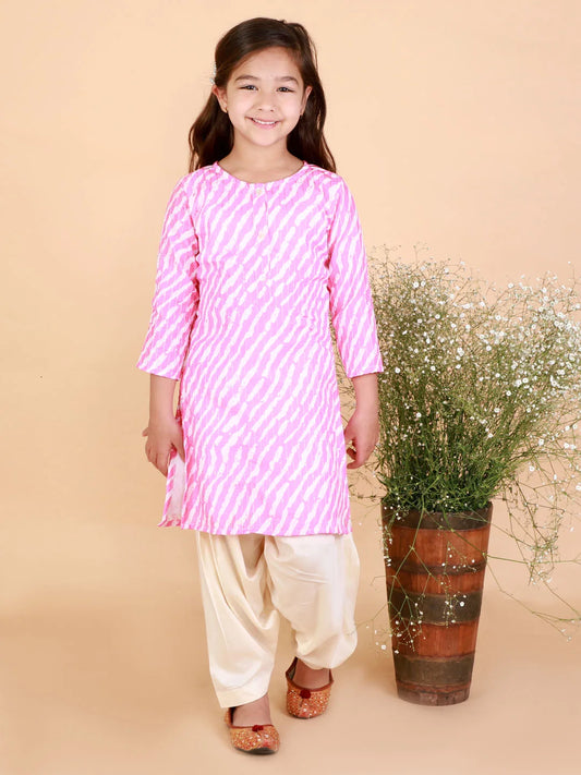 Girls Pink And White Kurta And Patiala Set