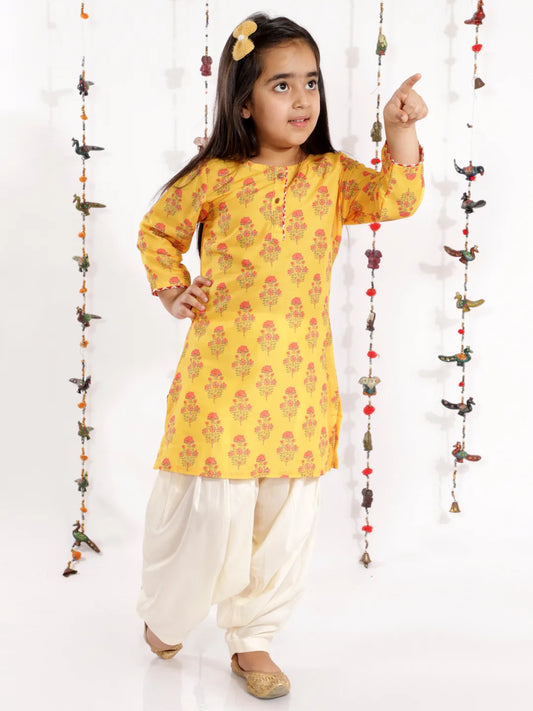 Girls Mustard And Cream Linen Kurta And Patiala Set