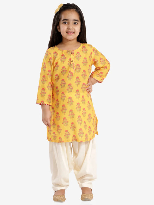 Girls Mustard And Cream Linen Kurta And Patiala Set