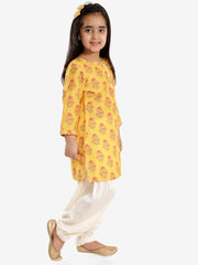 Girls Mustard And Cream Linen Kurta And Patiala Set