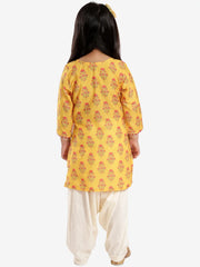 Girls Mustard And Cream Linen Kurta And Patiala Set