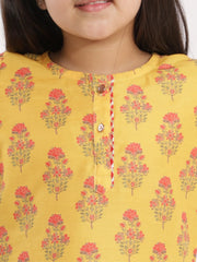 Girls Mustard And Cream Linen Kurta And Patiala Set