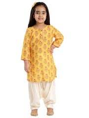 Girls Mustard And Cream Linen Kurta And Patiala Set