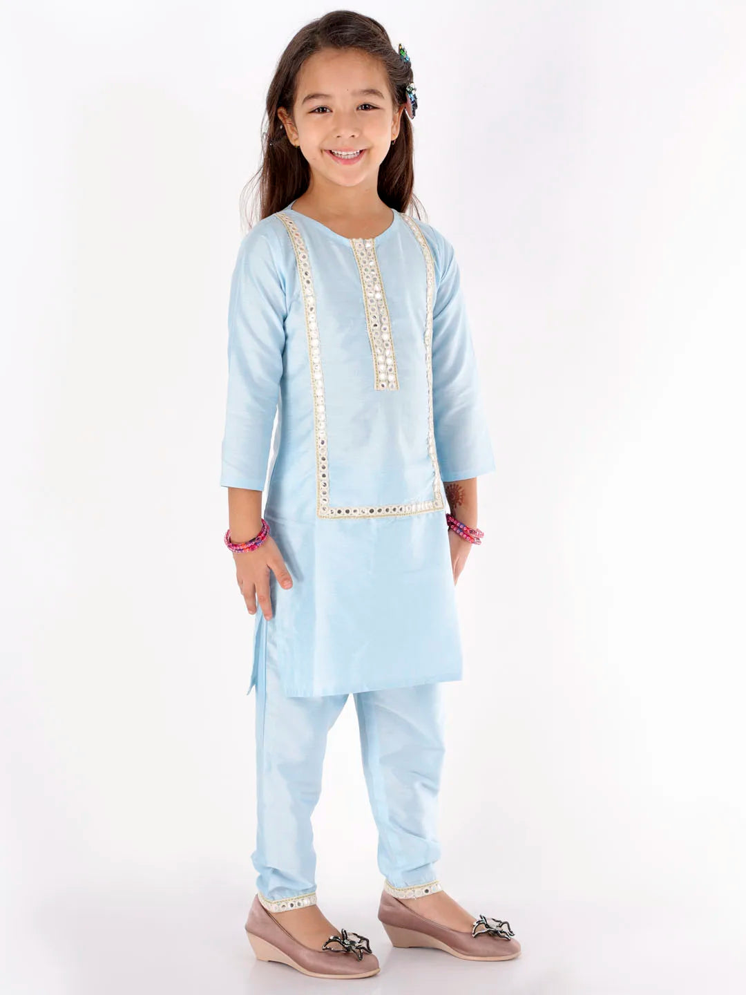 Girls Mirror Work Viscose Kurta And Pant Set