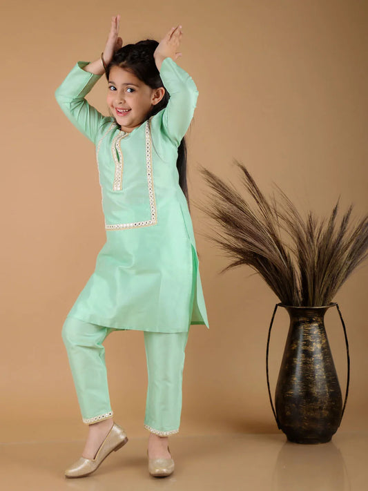 Girls Mirror Work Viscose Kurta And Pant Set