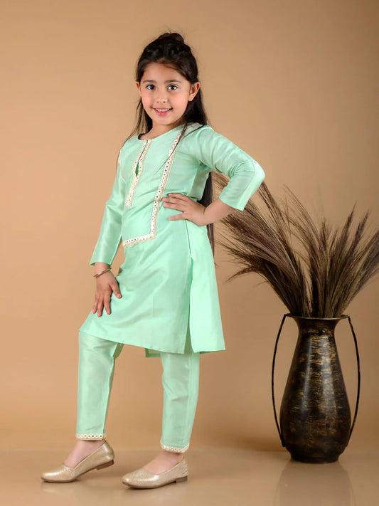 Girls Mirror Work Viscose Kurta And Pant Set