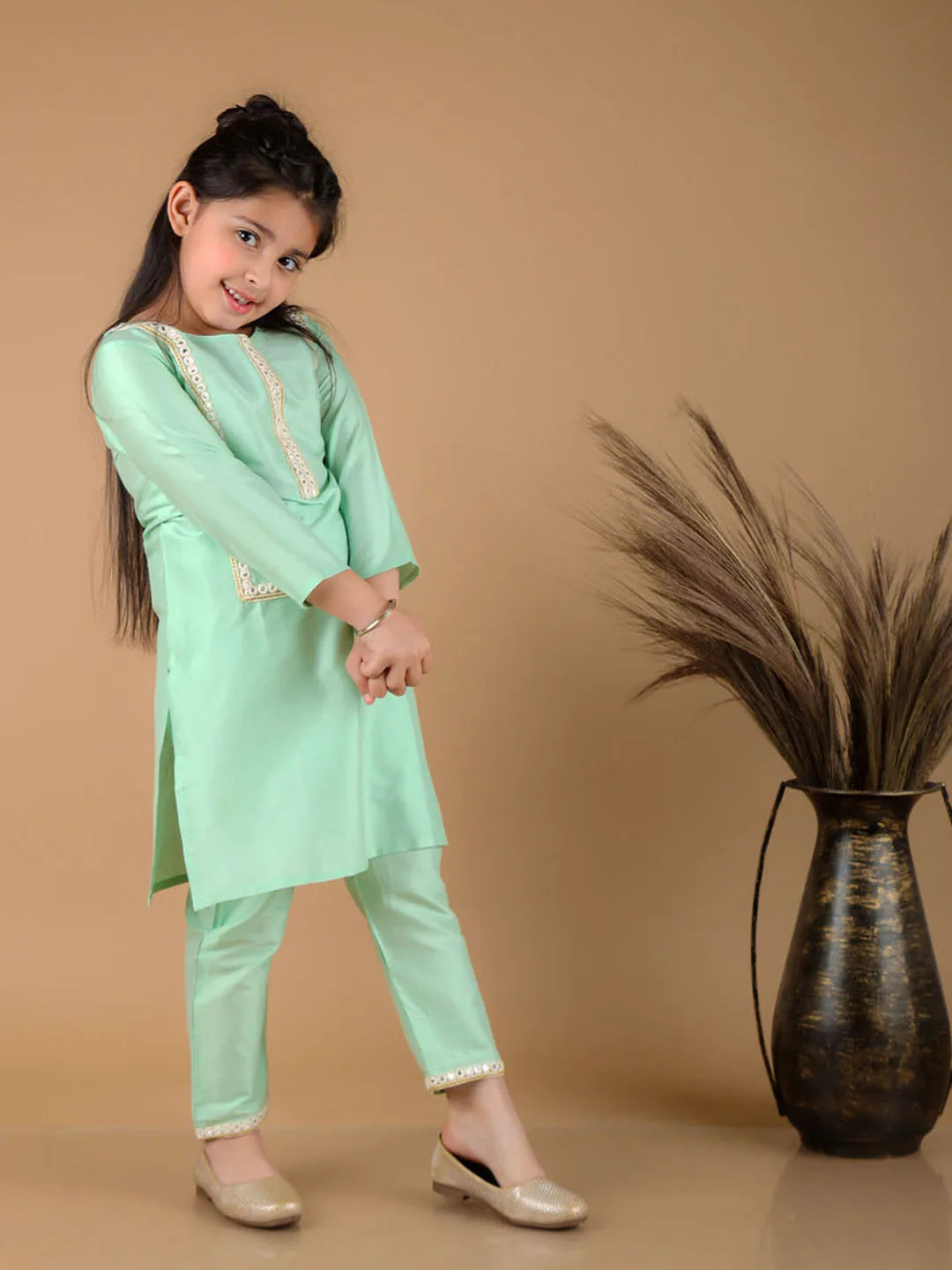 Girls Mirror Work Viscose Kurta And Pant Set