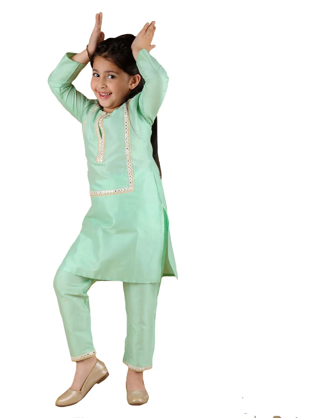 Girls Mirror Work Viscose Kurta And Pant Set