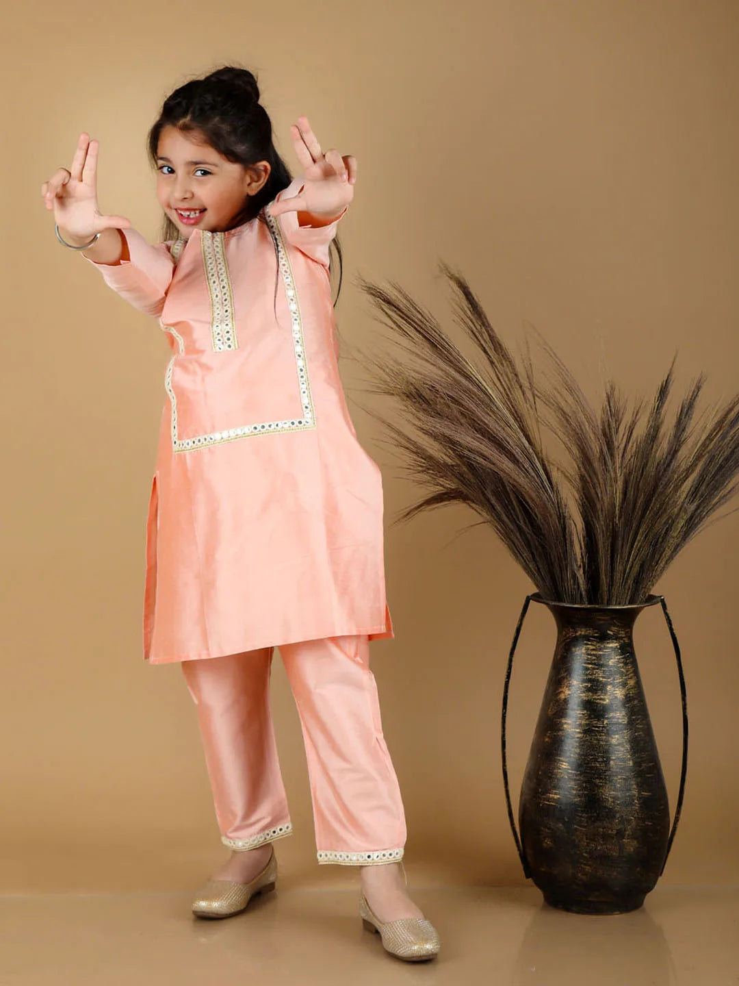 Girls Mirror Work Viscose Kurta And Pant Set