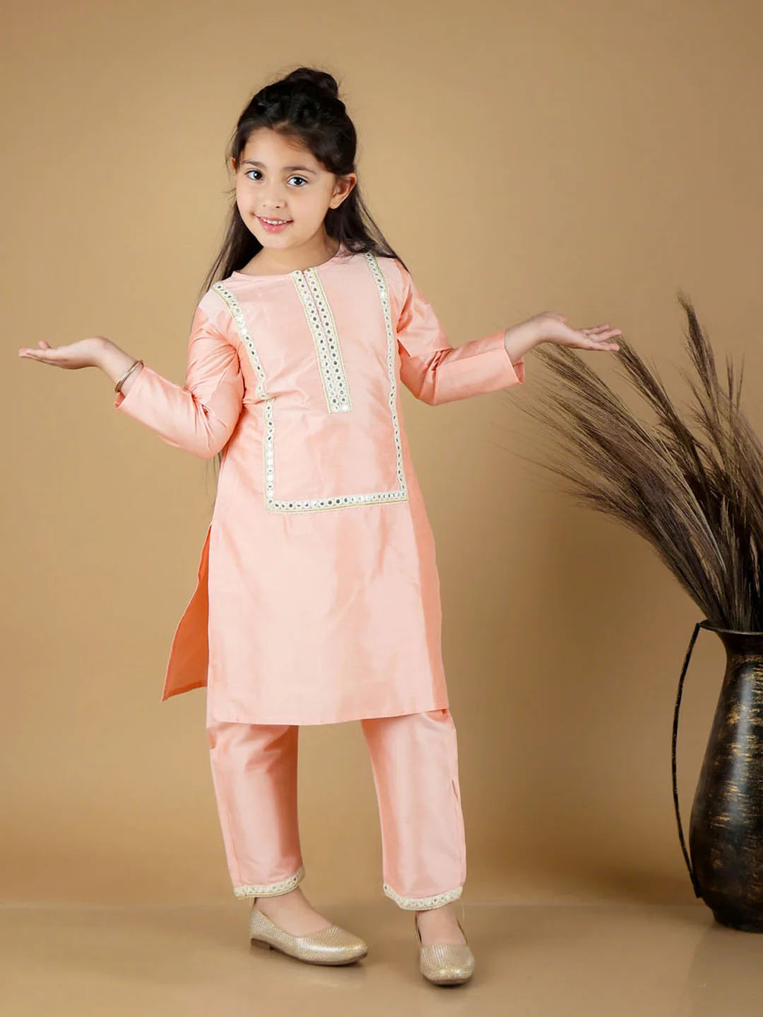 Girls Mirror Work Viscose Kurta And Pant Set