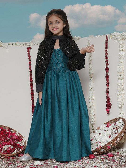 Girls' Green And Black Ethnic Dress