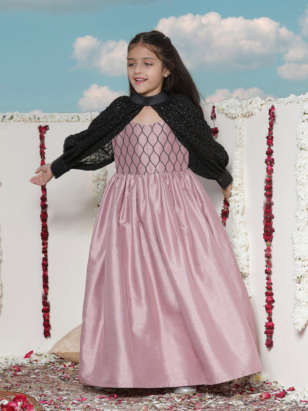 Girls' Pink And Black Ethnic Dress