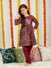 Girls' Maroon Embellished Kurta Pyjama Set