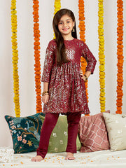 Girls' Maroon Embellished Kurta Pyjama Set