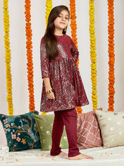 Girls' Maroon Embellished Kurta Pyjama Set