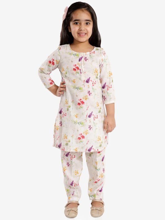 Girls Printed Floral Linen Kurta And Straight Pant Set