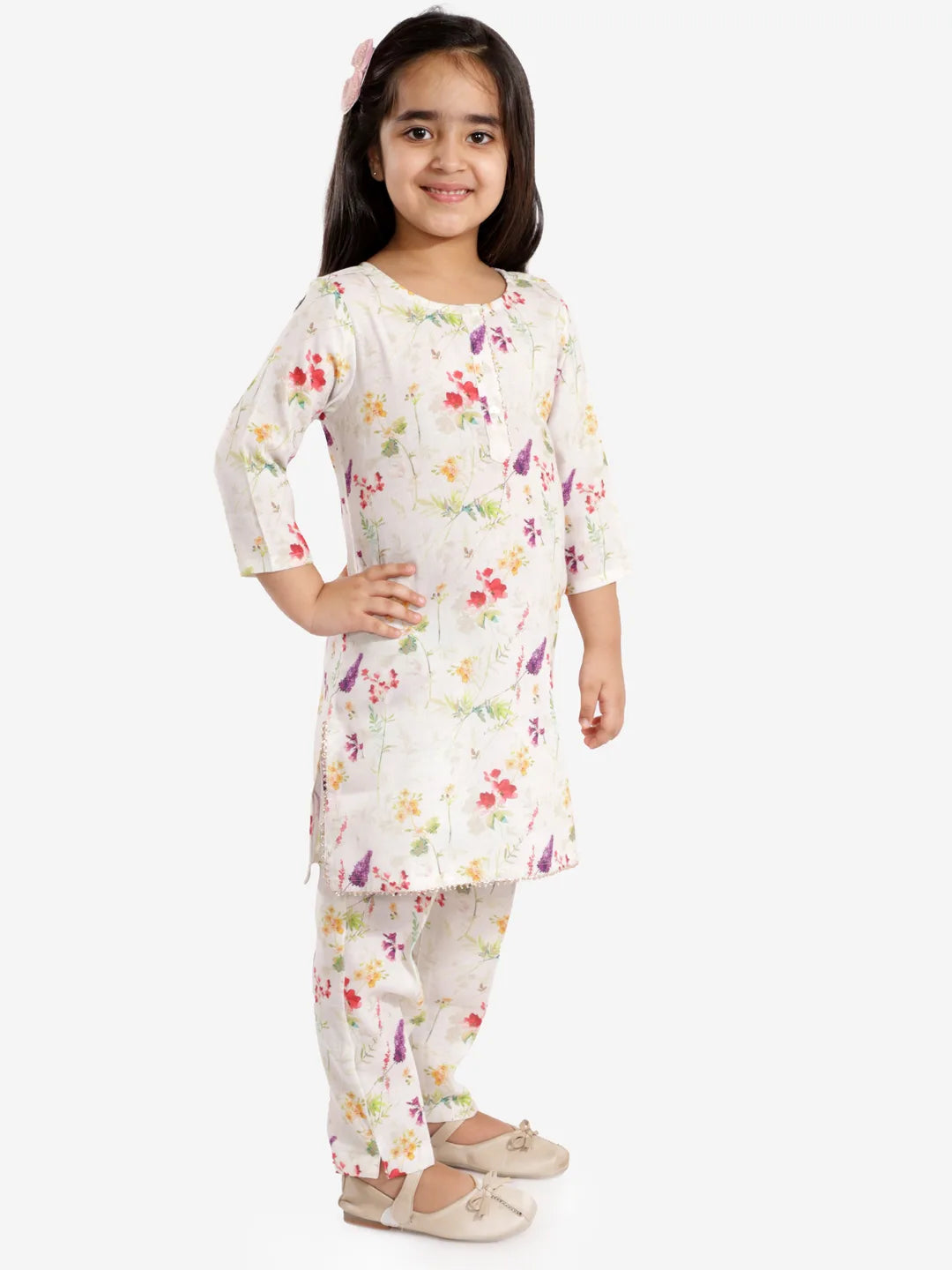 Girls Printed Floral Linen Kurta And Straight Pant Set