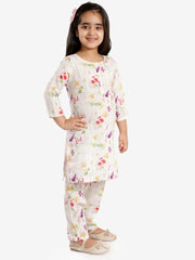 Girls Printed Floral Linen Kurta And Straight Pant Set