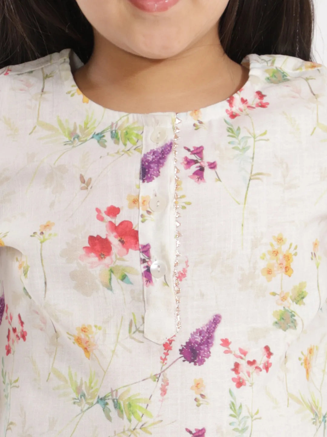 Girls Printed Floral Linen Kurta And Straight Pant Set