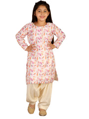 Girls Multicolor-Base-White Kurta And Patiala Set