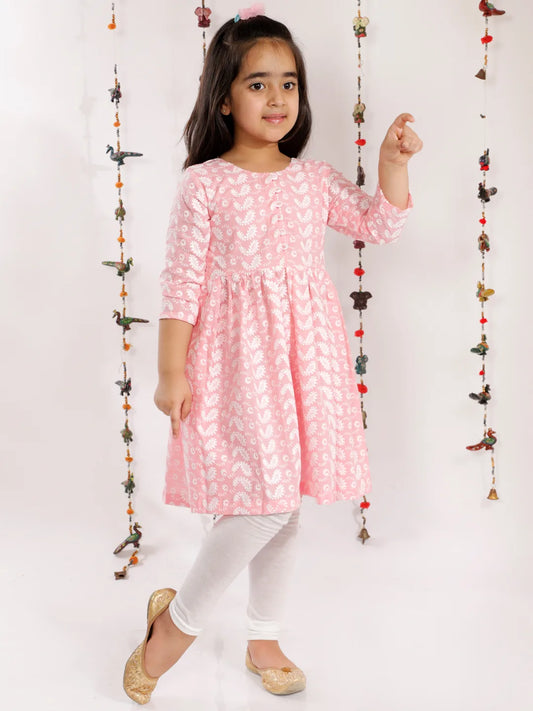 Girls Chikankari Cotton Kurta And Leggings Set