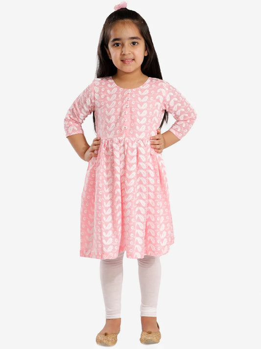 Girls Chikankari Cotton Kurta And Leggings Set