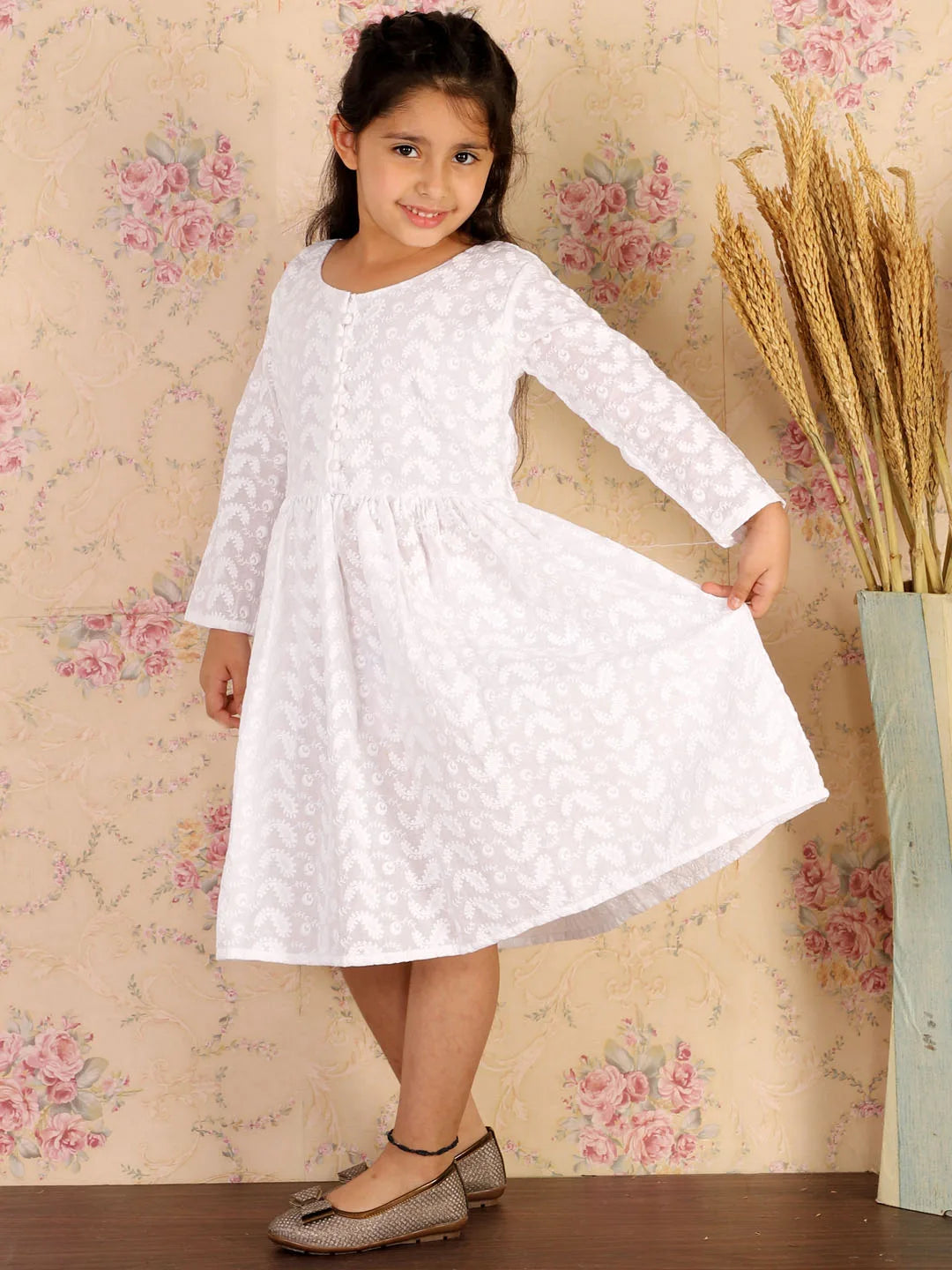 Girls White Ethnic Dress