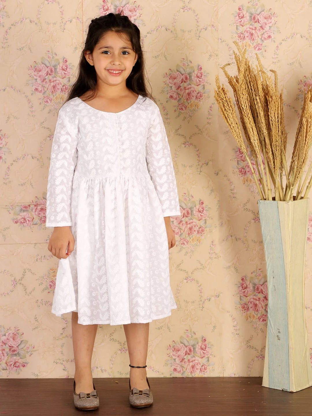 Girls White Ethnic Dress