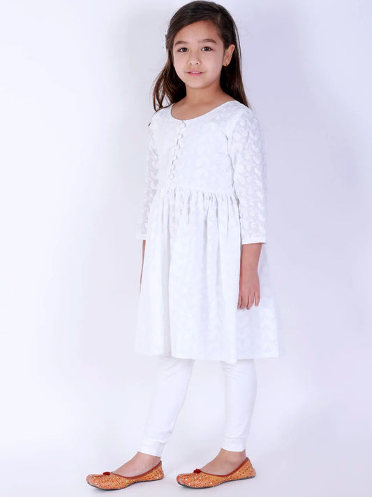 Girls Chikankari Cotton Kurta And Leggings Set