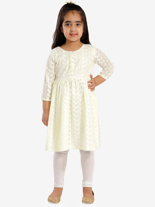 Girls Chikankari Cotton Kurta And Leggings Set