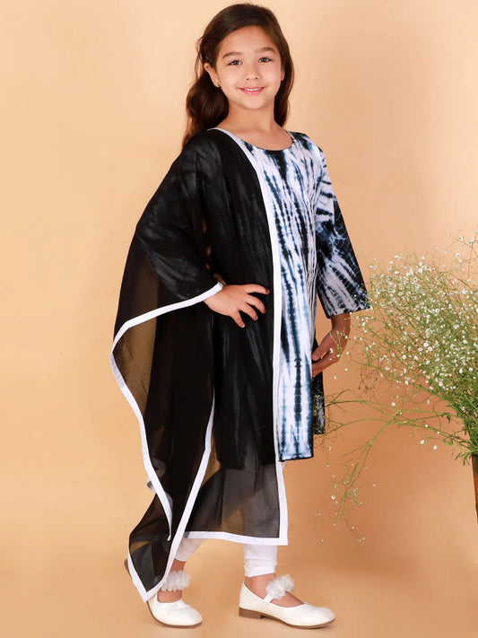 Girls Black And White Kurta, Leggings & Dupatta Set