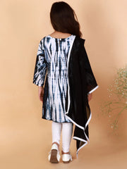 Girls Black And White Kurta, Leggings & Dupatta Set