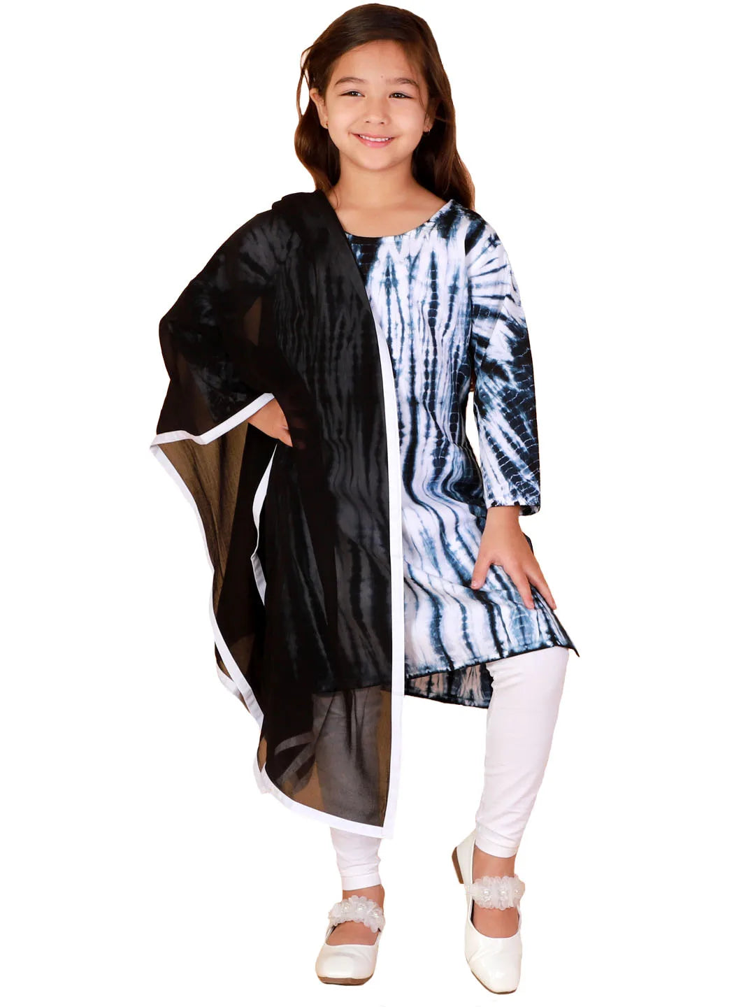 Girls Black And White Kurta, Leggings & Dupatta Set