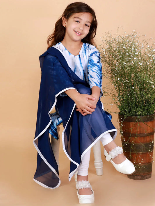 Girls Blue and White Kurta, Leggings & Dupatta Set