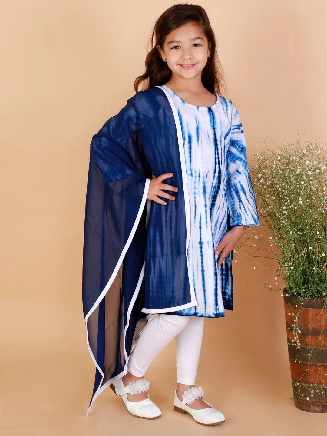 Girls Blue and White Kurta, Leggings & Dupatta Set