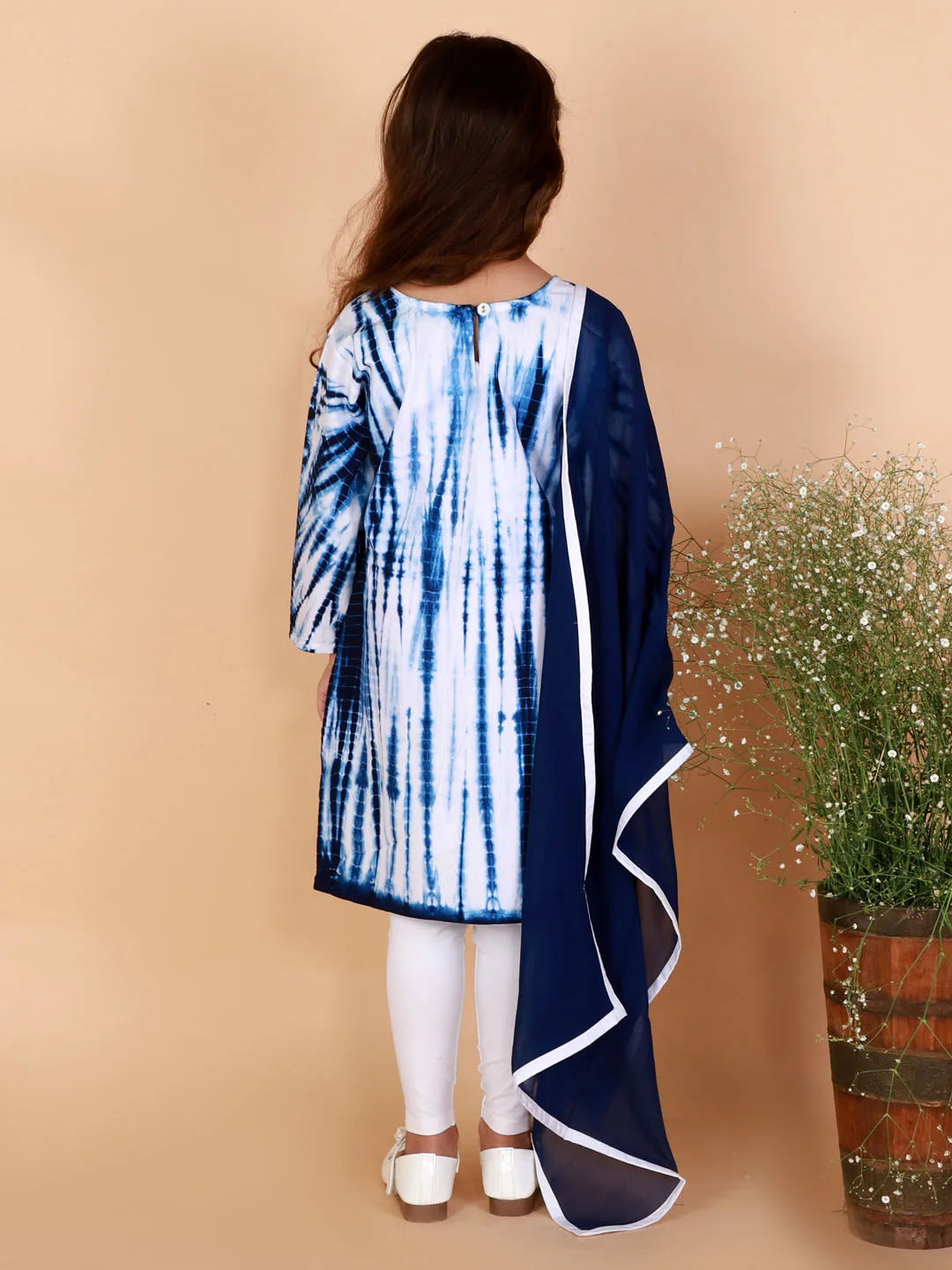 Girls Blue and White Kurta, Leggings & Dupatta Set