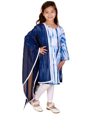 Girls Blue and White Kurta, Leggings & Dupatta Set