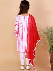 Girls Pink And White Kurta, Leggings & Dupatta Set