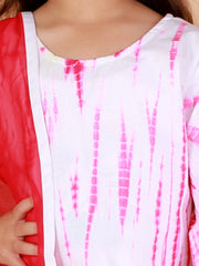 Girls Pink And White Kurta, Leggings & Dupatta Set