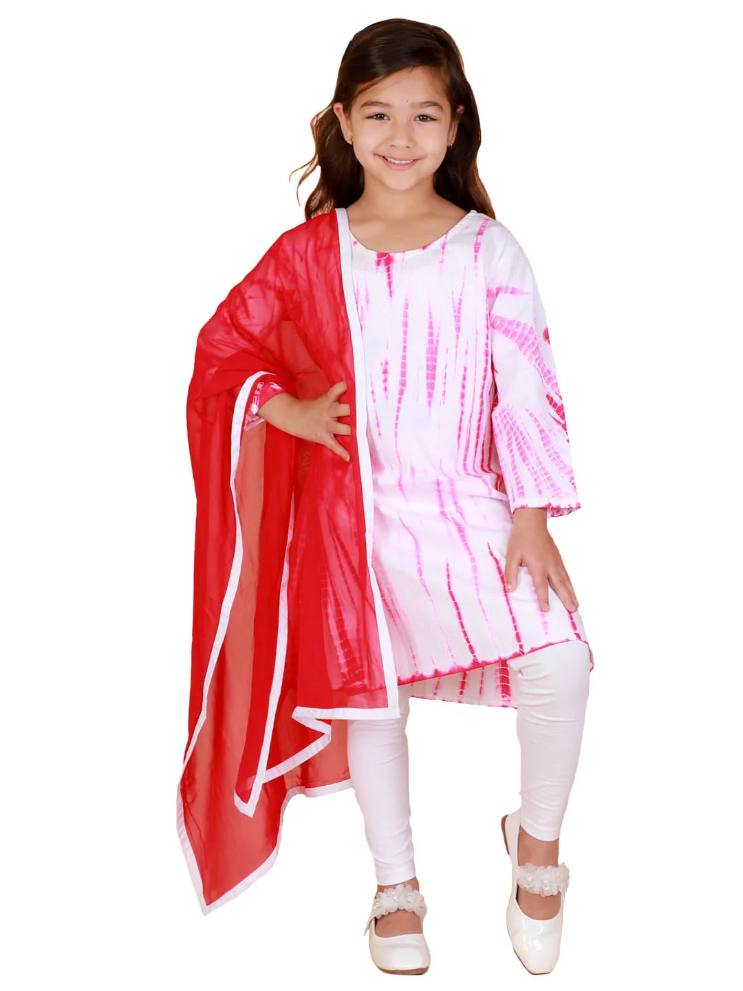 Girls Pink And White Kurta, Leggings & Dupatta Set