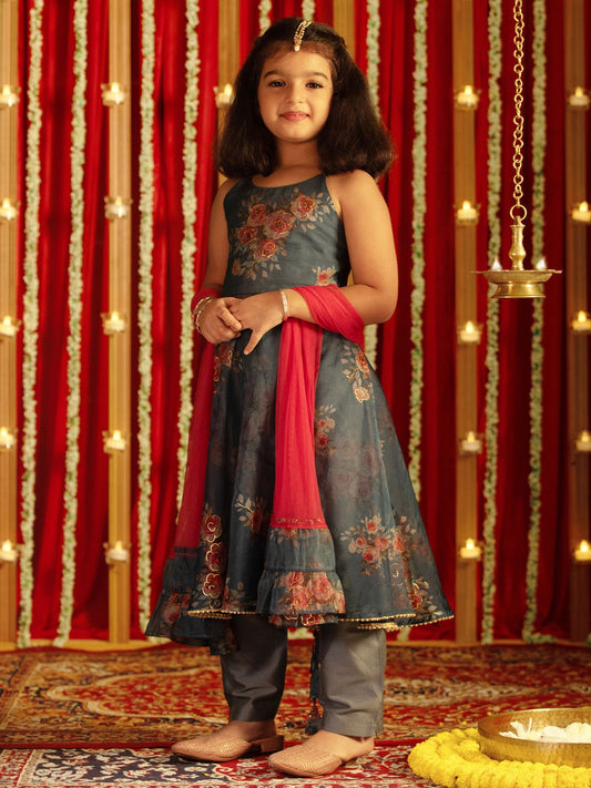 Girls' Grey Anarkali Set