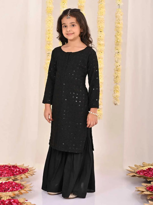 Girls' Black Embellished Kurta Palazzo Set