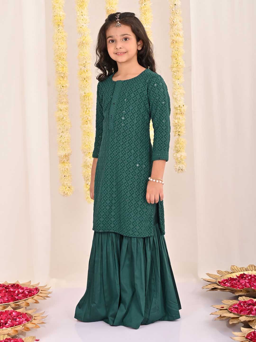 Girls' Green Embellished Kurta Palazzo Set