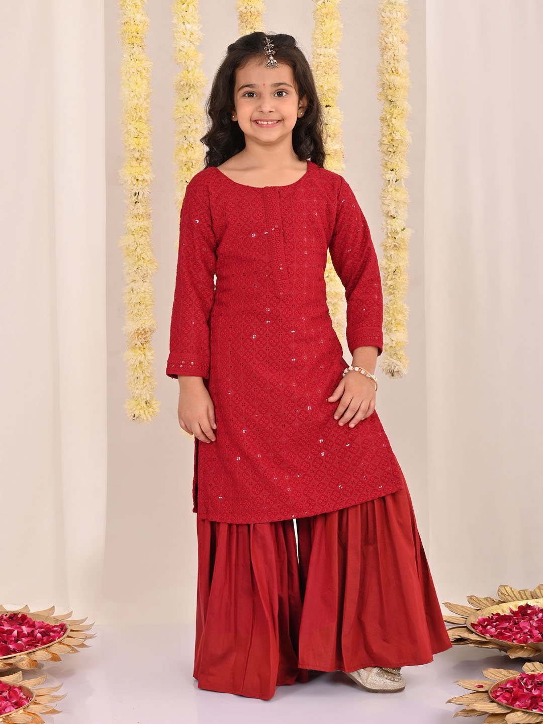 Girls' Maroon Kurta And Sharara Set