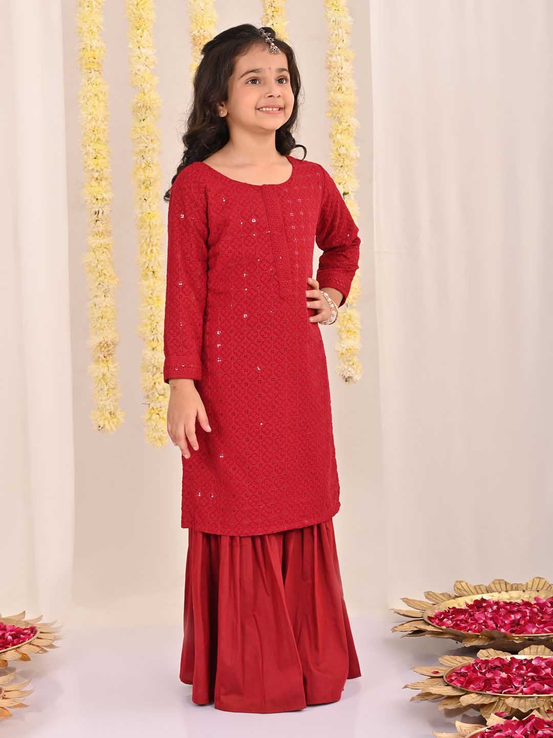 Girls' Maroon Embellished Kurta Palazzo Set